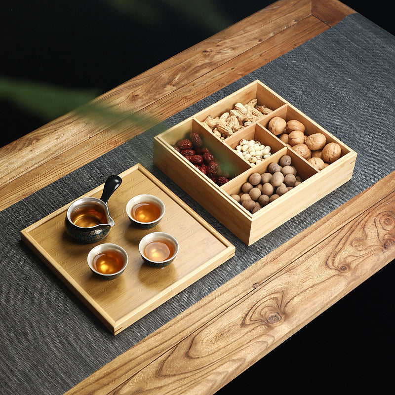 Handmade Bamboo Creative Dried Fruit Tray Minimalist Chinese Style Tea Ware with Lid Storage