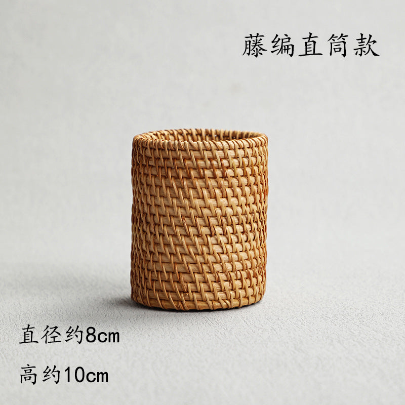 Pen Holder Tea Container Bamboo Rattan and Straw Woven Pen Holder Kung Fu Tea Set Storage Bucket