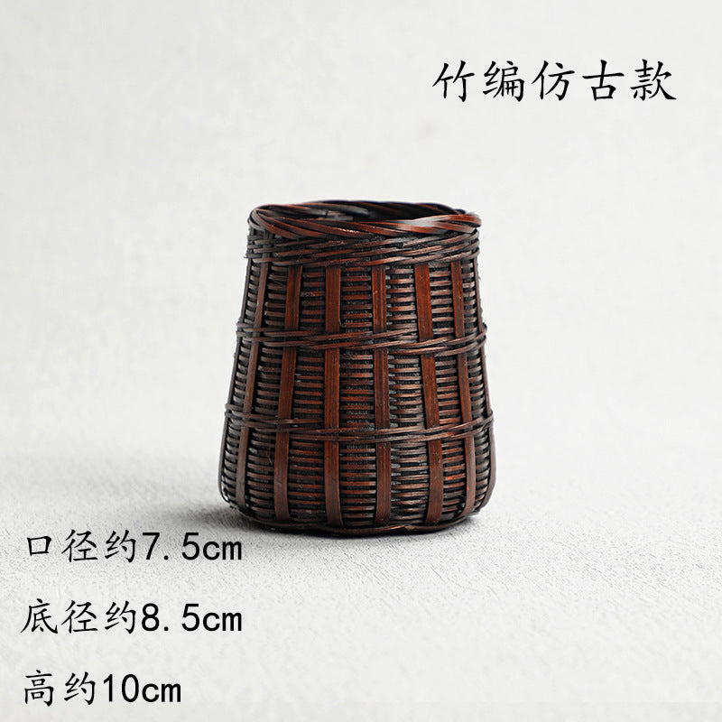 Pen Holder Tea Container Bamboo Rattan and Straw Woven Pen Holder Kung Fu Tea Set Storage Bucket