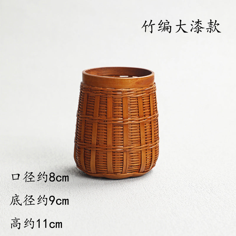 Pen Holder Tea Container Bamboo Rattan and Straw Woven Pen Holder Kung Fu Tea Set Storage Bucket