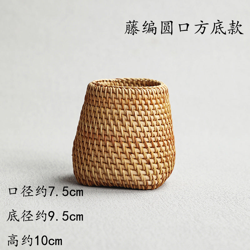 Pen Holder Tea Container Bamboo Rattan and Straw Woven Pen Holder Kung Fu Tea Set Storage Bucket