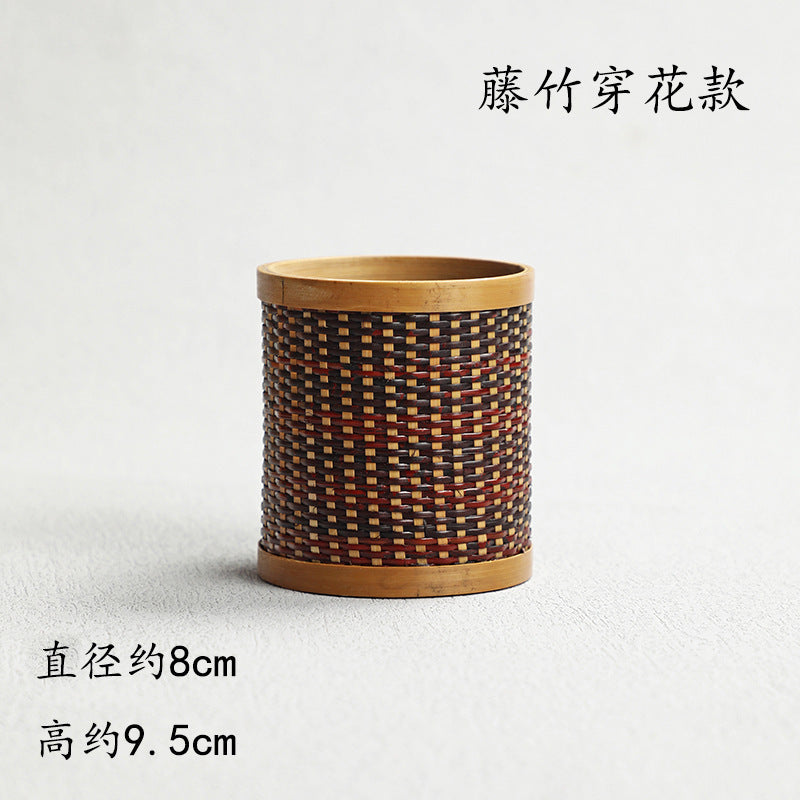 Pen Holder Tea Container Bamboo Rattan and Straw Woven Pen Holder Kung Fu Tea Set Storage Bucket