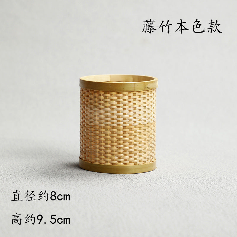 Pen Holder Tea Container Bamboo Rattan and Straw Woven Pen Holder Kung Fu Tea Set Storage Bucket