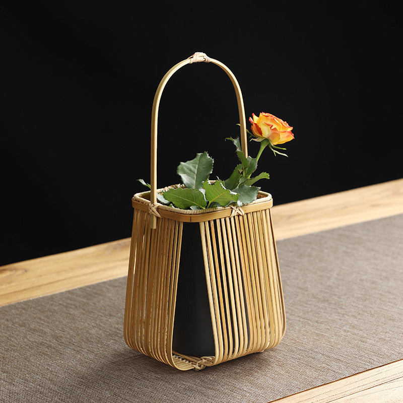 Handmade Bamboo Flower Ware Retro Japanese Style Flower Arrangement Creative Hydroponics Small Flower Basket Tea Room Club Chinese Decoration Decoration