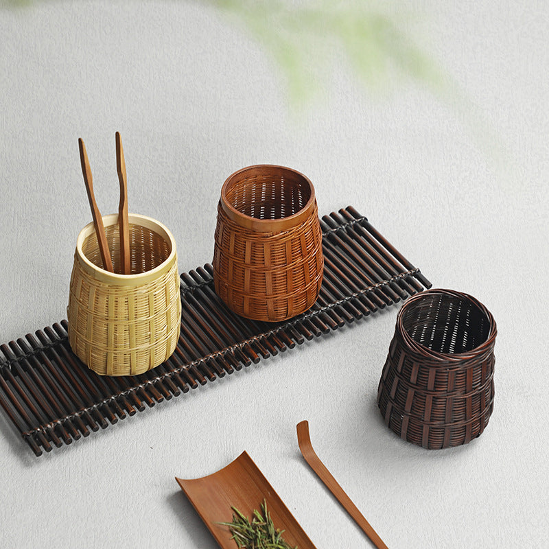 Pen Holder Tea Container Bamboo Rattan and Straw Woven Pen Holder Kung Fu Tea Set Storage Bucket