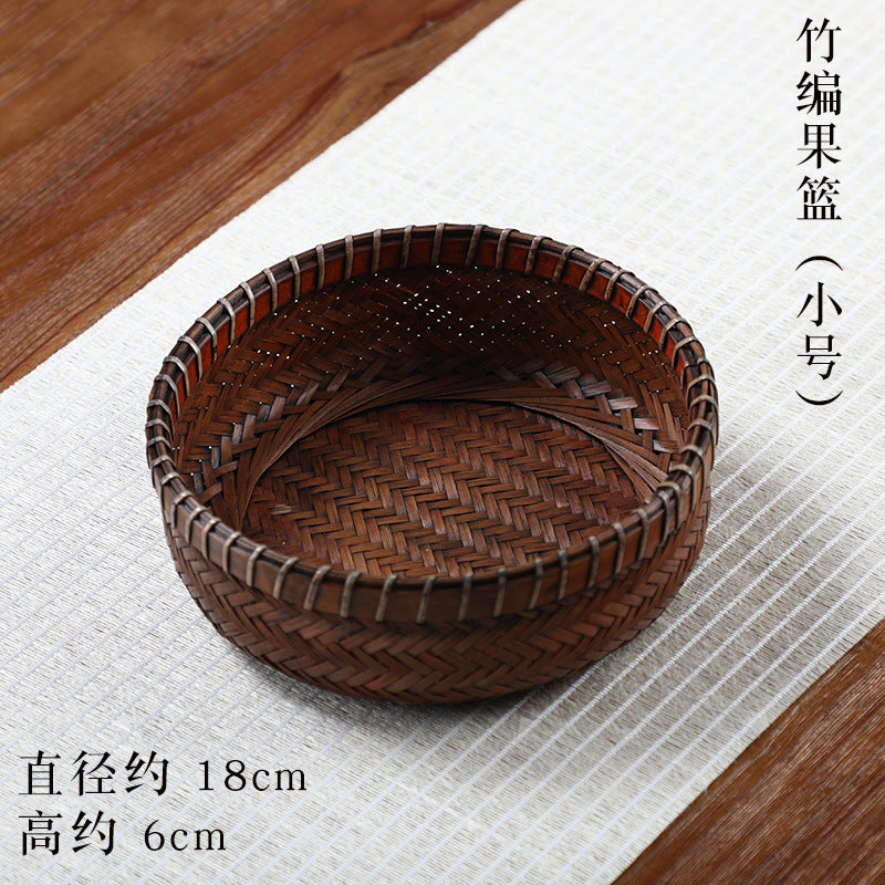 Bamboo Woven Fruit Basket round Household Storage Basket Fruit Plate Living Room Snacks Sundries Basket Retro Creative Storage Basket