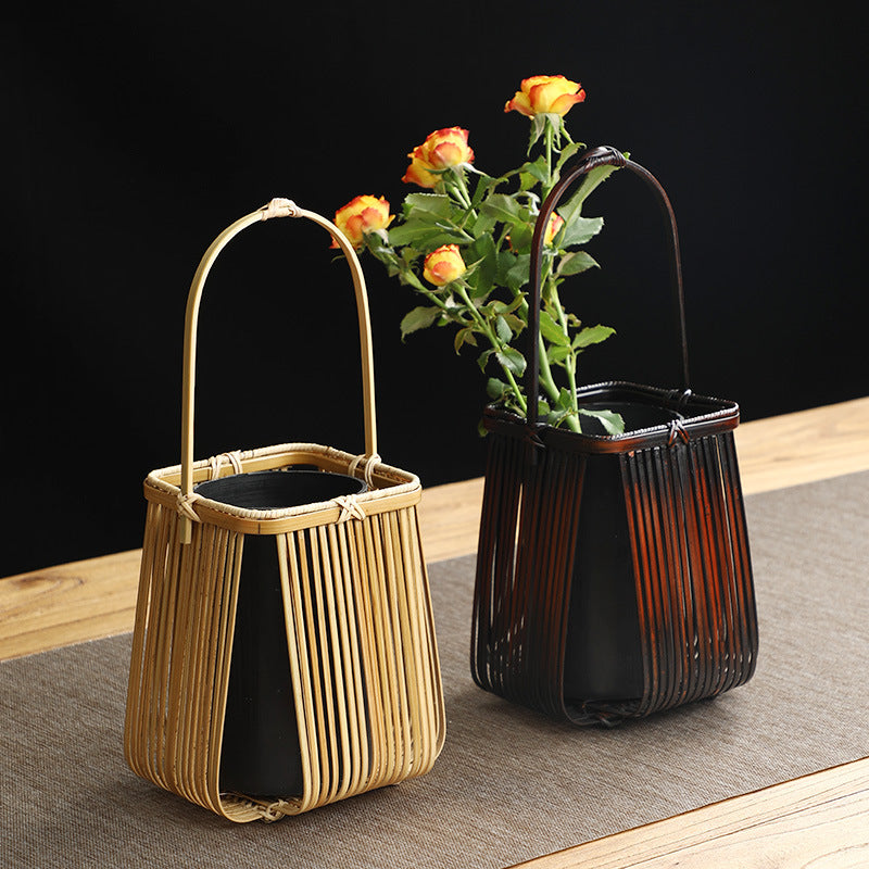 Handmade Bamboo Flower Ware Retro Japanese Style Flower Arrangement Creative Hydroponics Small Flower Basket Tea Room Club Chinese Decoration Decoration