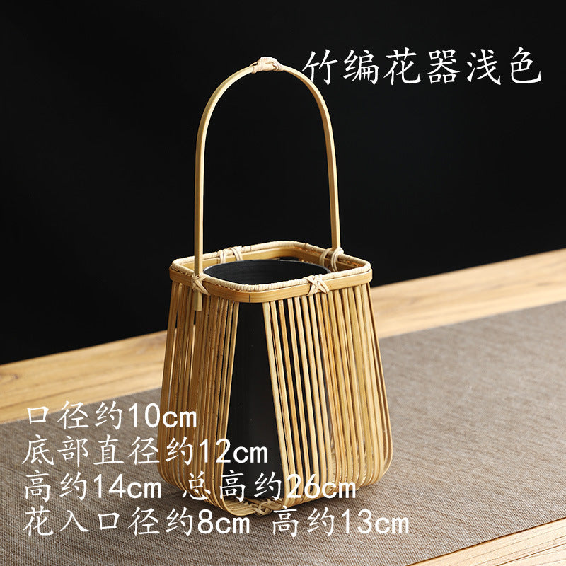 Handmade Bamboo Flower Ware Retro Japanese Style Flower Arrangement Creative Hydroponics Small Flower Basket Tea Room Club Chinese Decoration Decoration