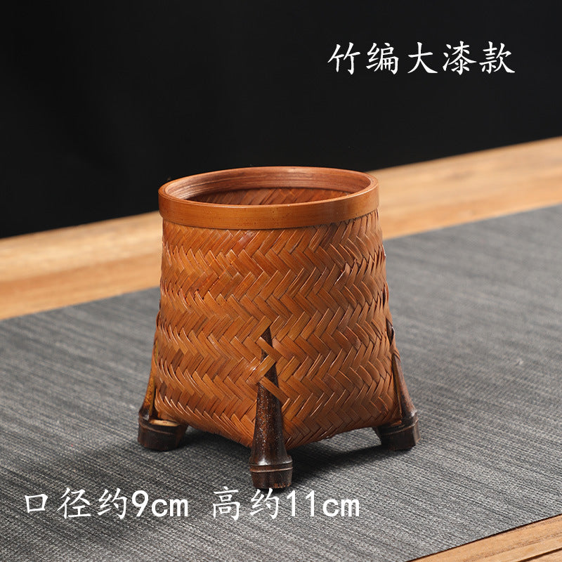 Pen Holder Tea Container Bamboo Rattan and Straw Woven Pen Holder Kung Fu Tea Set Storage Bucket