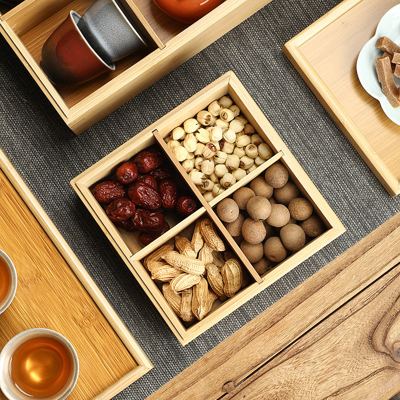 Handmade Bamboo Creative Dried Fruit Tray Minimalist Chinese Style Tea Ware with Lid Storage