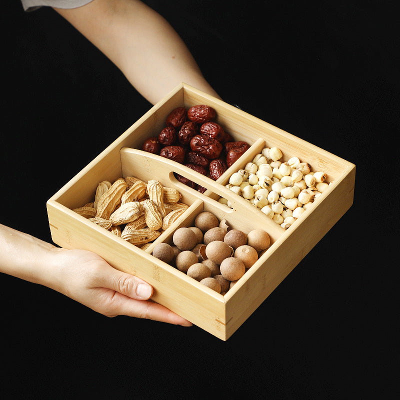 Handmade Bamboo Creative Dried Fruit Tray Minimalist Chinese Style Tea Ware with Lid Storage