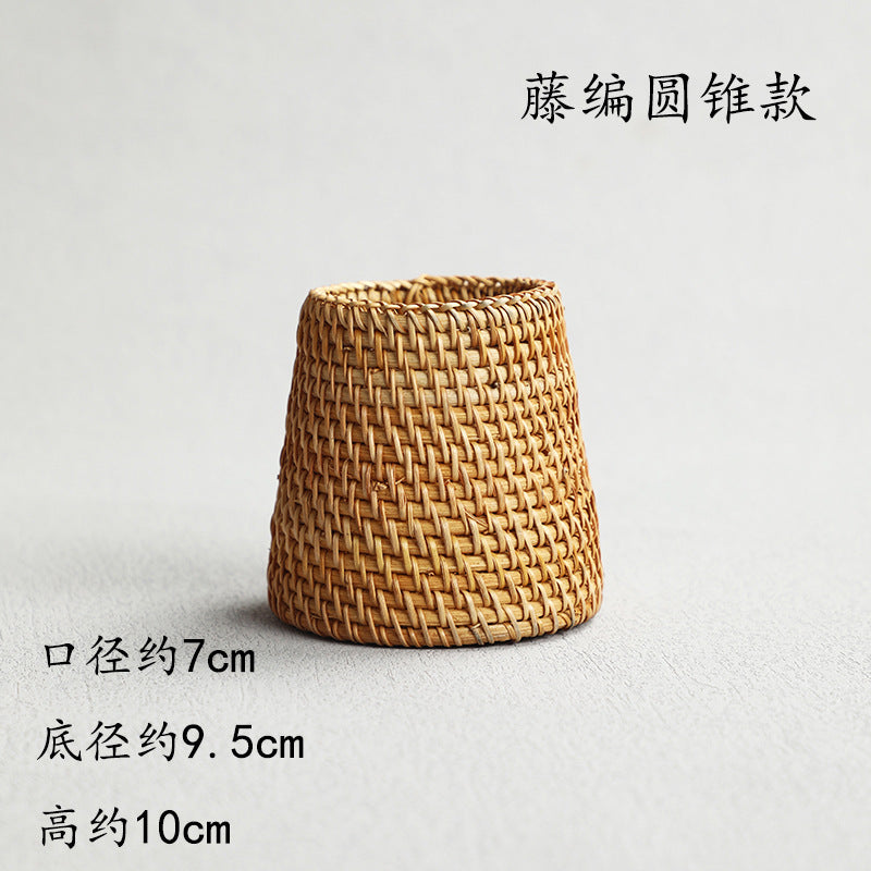 Pen Holder Tea Container Bamboo Rattan and Straw Woven Pen Holder Kung Fu Tea Set Storage Bucket