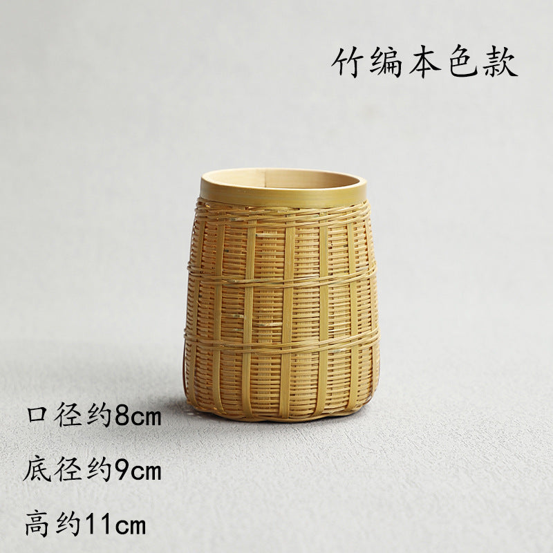 Pen Holder Tea Container Bamboo Rattan and Straw Woven Pen Holder Kung Fu Tea Set Storage Bucket